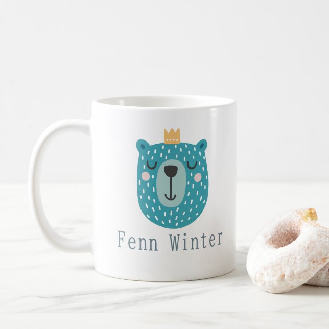 Caneca De Café Crianças Cute Scandi Blue Bear com nome personaliz (Com Donut)
