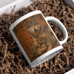 Caneca De Café Crianças da Família Lobo de outono em Floresta de