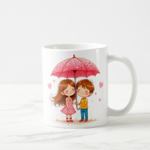 Caneca De Café Crianças Fofas Compartilhando um Guarda-chuva