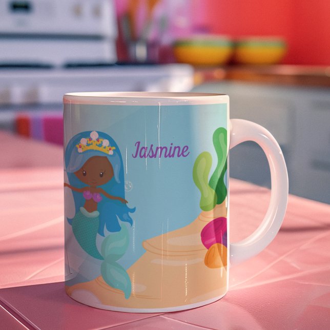 Caneca De Café Crianças Personalizadas Da Moça De Sereia Afro-Ame (Criador carregado)