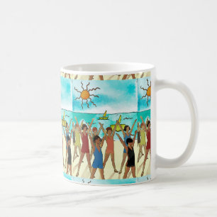 Caneca De Café Crianças se exercitam na praia, adicione texto