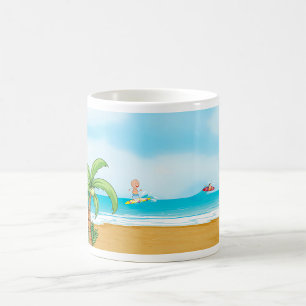Caneca De Café Crianças Surfando Praia Tropical Diversão Verão Oc