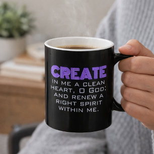 Caneca De Café Crie Em Mim um Coração Puro Neon Roxo Escritura