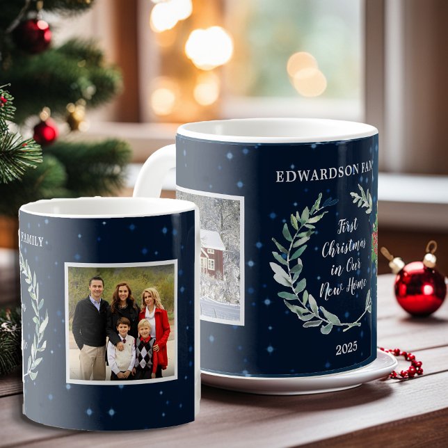 Caneca De Café Crie seu primeiro natal em novas fotos do Home (Create your own First Christmas in our new Home photo mug. Add your own photos, name, year and text,)