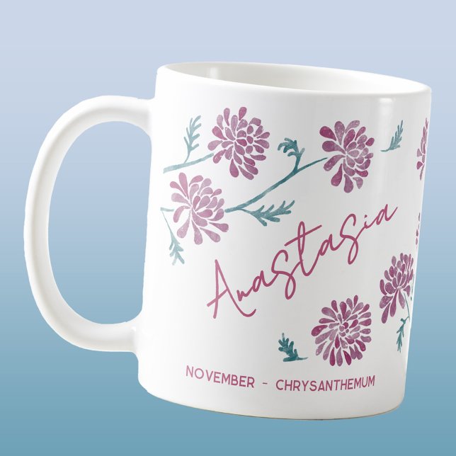 Caneca De Café Crisântemo com Nome Personalizado Flor de Nascimen (Birth Month Flower November birthday personalized custom name watercolor botanical art coffee mug)