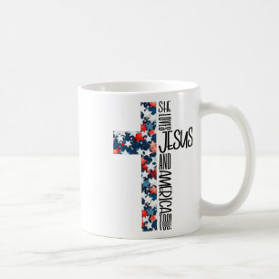 Caneca De Café Cristã Patriótica Ela Ama Jesus E América Para