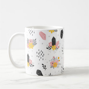 Caneca De Café Cristais pretos e cor-de-rosa com flores e abstrat