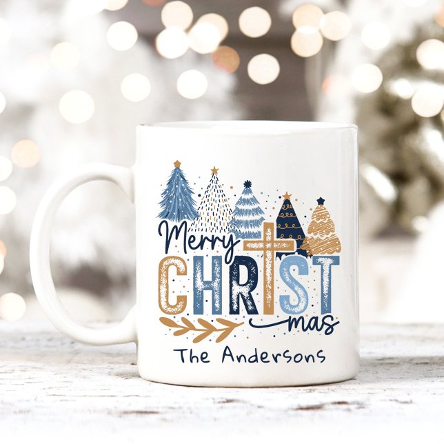 Caneca De Café Cristo de Árvores Modernas Azul Nome Feliz de Nata (Blue Modern Trees Christ Merry Christmas Name Coffee Mug)