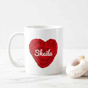 Caneca De Café Crochet Yarn Heart + Name Red