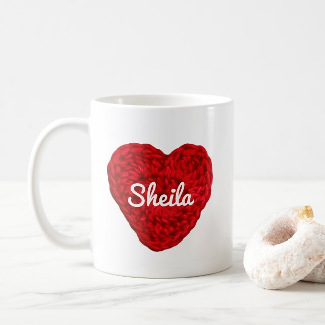 Caneca De Café Crochet Yarn Heart + Name Red (Com Donut)