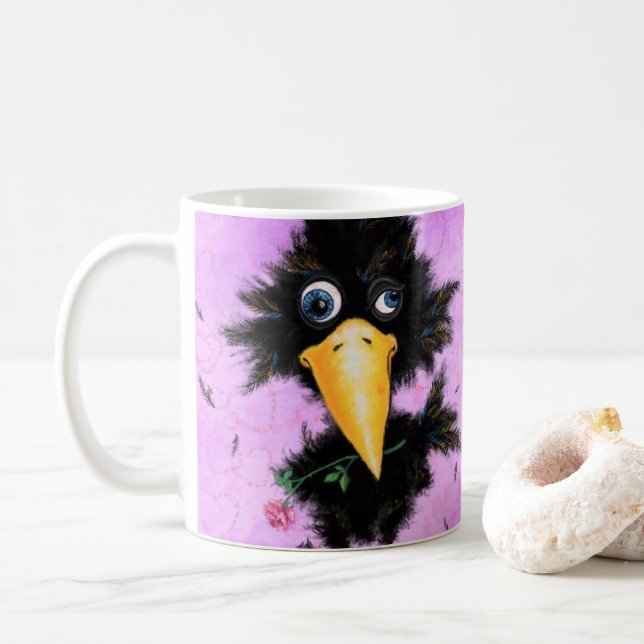 Caneca De Café Crow Engraçado de Mug com Rosa (Com Donut)