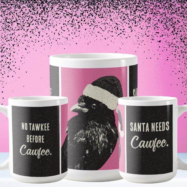 Caneca De Café Crow Santa Pink Black Cawfee Christmas Coffee Mug (A tall Christmas mug is perfect when Santa is tired on Christmas morning. Santa crow needs coffee!)