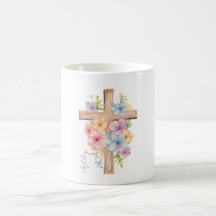 Caneca De Café Crucifixo de Páscoa Personalizado em Aquarela