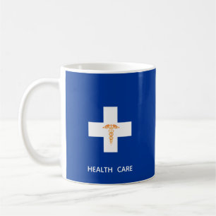 Caneca De Café Cruz Branca da Saúde, Caduceu Dourado sobre Azul