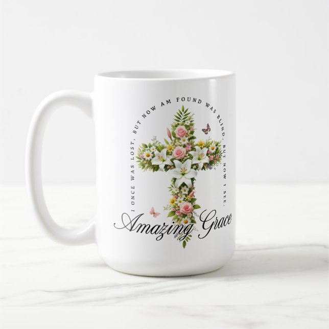 Caneca De Café Cruz Cristã Floral Amazing Grace (Esquerda)