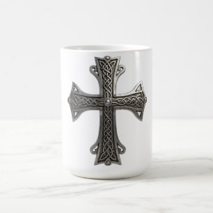 Caneca De Café Cruz de Prata Celta Ornamentada com Padrão Intrinc