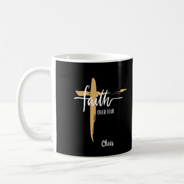 Caneca De Café Cruz Dourada Fé Sobre Medo (Esquerda)