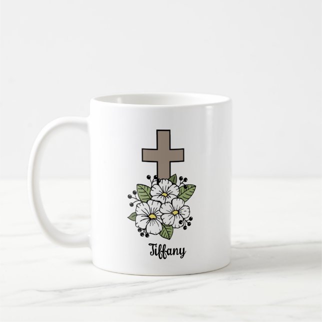 Caneca De Café Cruz e Flores Personalizadas (Esquerda)