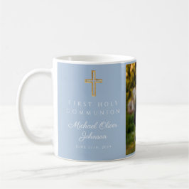 Caneca De Café Cruz Religiosa Azul Foto de Primeira Comunhão de M