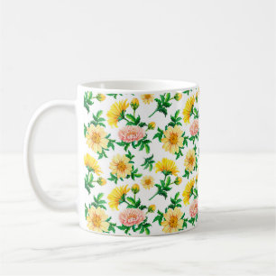 Caneca De Café Crysântemos de aquarela. Flores amarelas com grã