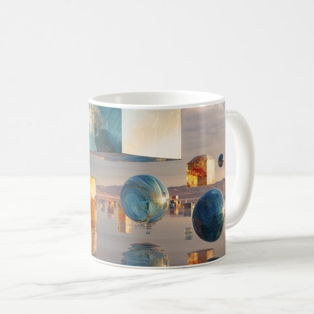 Caneca De Café Cubos e Esferas Flutuantes Surreais (Frente Esquerda)