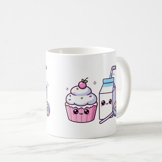 Caneca De Café Cupcake e Leite Doce Doodles Comidas Kawaii (Frente Esquerda)