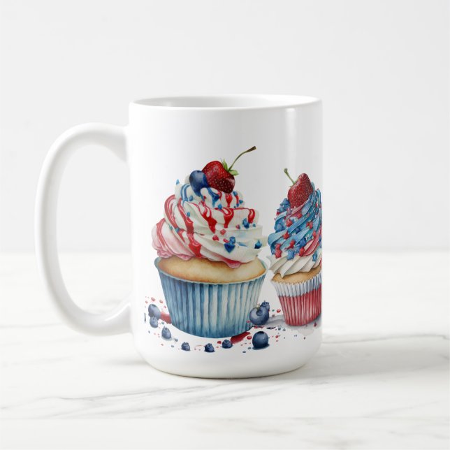 CANECA DE CAFÉ CUPCAKES PATRIÓTICOS AZUIS VERMELHOS (Esquerda)