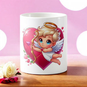 Caneca De Café Cupido Voador Adorável com Coração e Flecha 