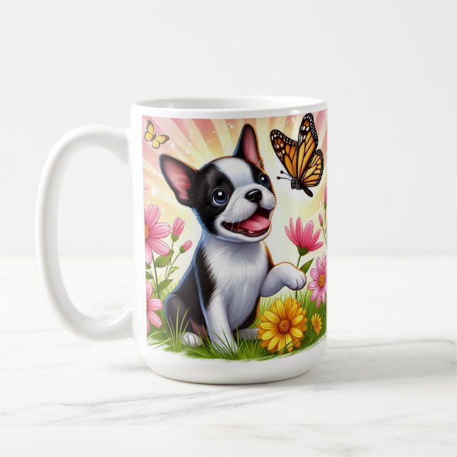 Caneca De Café Curioso Boston Terrier Puppy Brincando Com Borbole (Esquerda)