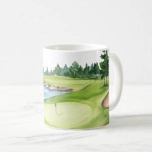Caneca De Café Curso de Golfe Cênico Cercado de Golfe Aquarela
