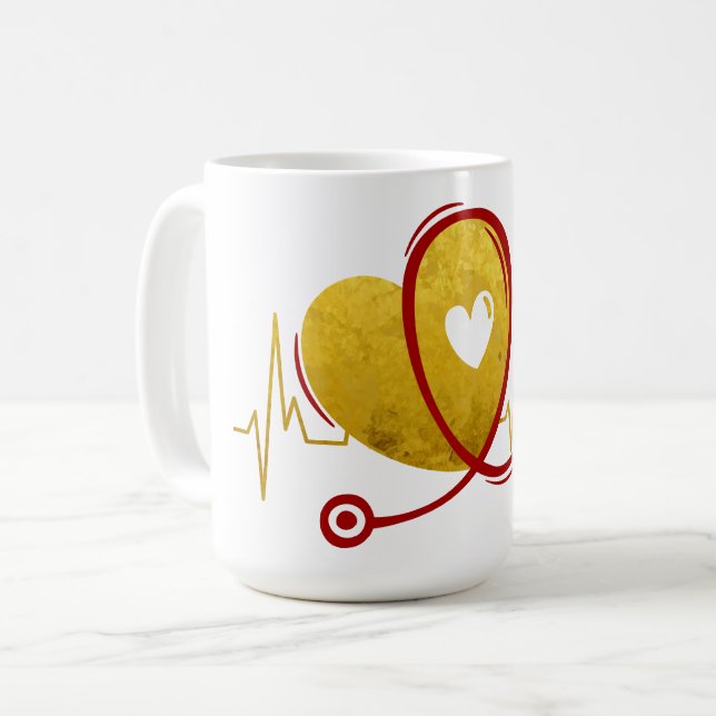 Caneca De Café Curva do Coração Com Estetoscópio Médico 1 (Frente Esquerda)