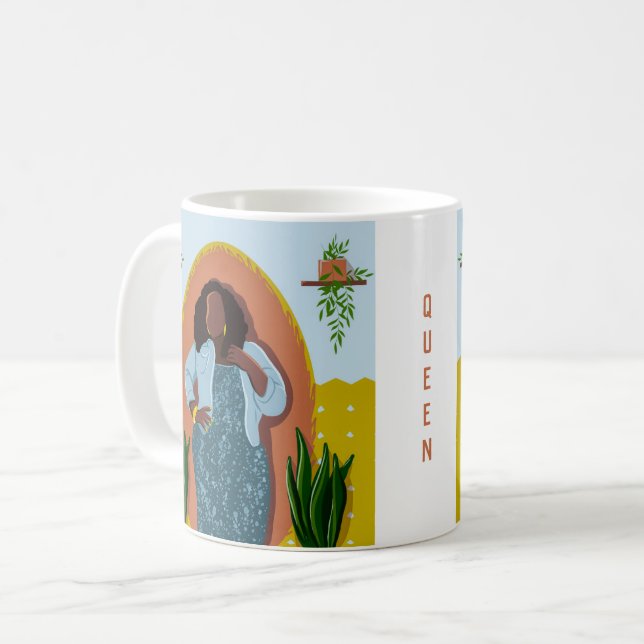 Caneca De Café Curva, Mulher Negra, Plantas Domésticas, Mostarda  (Frente Esquerda)