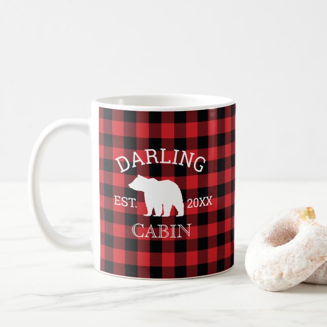 Caneca De Café Custom Family Name Bear Buffalo Check Rustic (Com Donut)