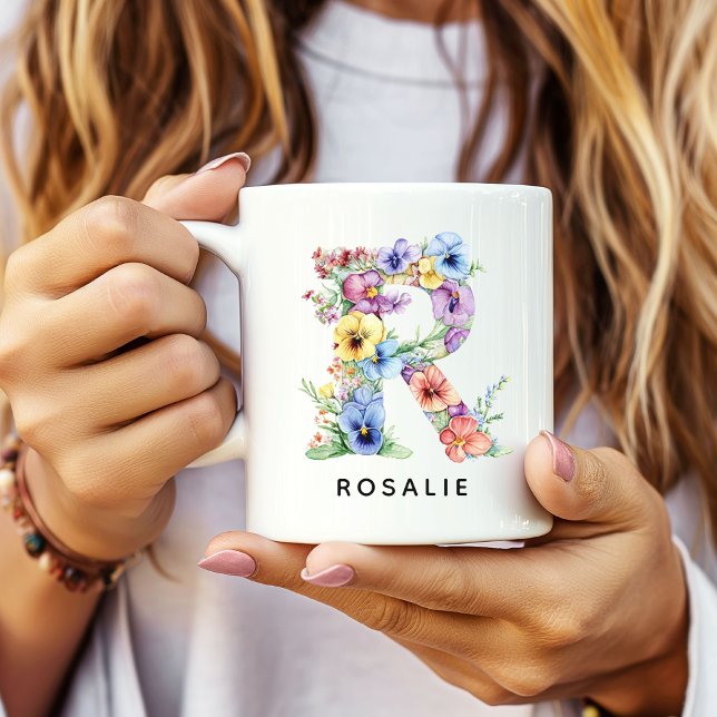 Caneca De Café Custom Floral Alphabet Mug Birthday Gift for Wife (floral alphabet mug gift for her, custom mug birthday gift wife, floral monogram graduation for girl)