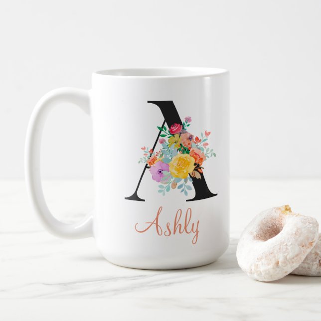 Caneca De Café Custom Floral Watercolor Monogram Name (Com Donut)