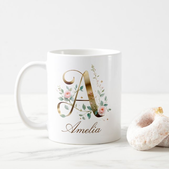 Caneca De Café Custom Gold Floral Letter A Monogram Mug (Com Donut)