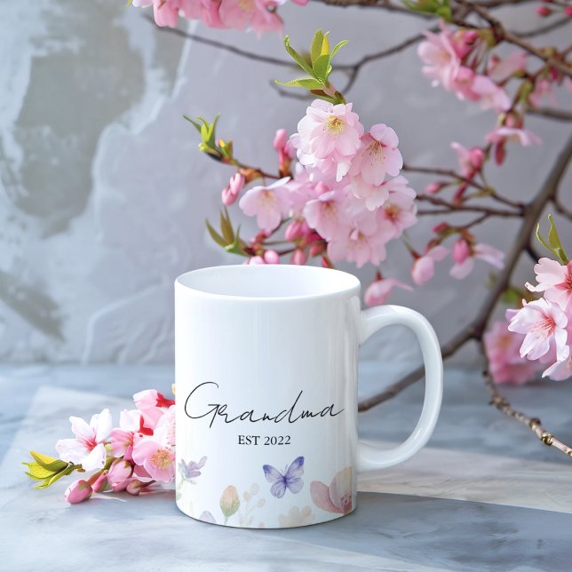 Caneca De Café Custom Grandma Est. Year -  Flower and Butterfly  (Criador carregado)