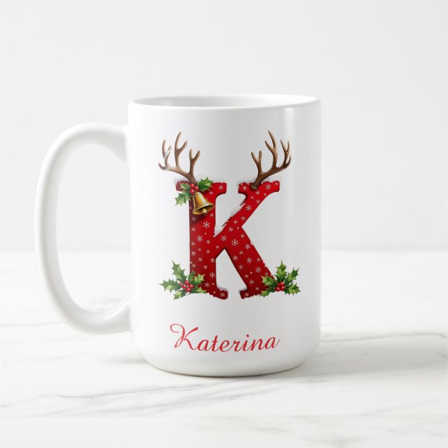 Caneca De Café Custom Monogram initial K merry Christmas  (Esquerda)