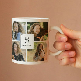 Caneca De Café Custom Monogram & Name 4 Photo Collage Grid 