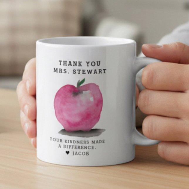 Caneca De Café Custom Name Apple Personalized Teacher Thank You  (Custom watercolor red apple for teacher thank you mug gift.)