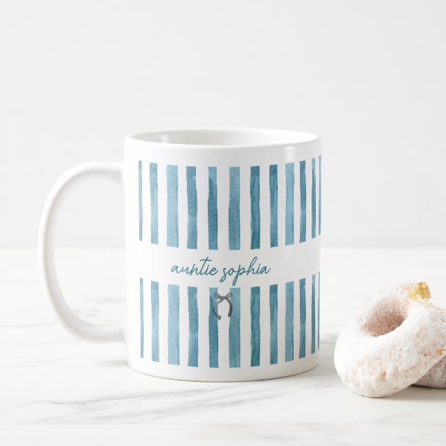 Caneca De Café Custom Name Auntie, Watercolor Blue Stripe  (Com Donut)