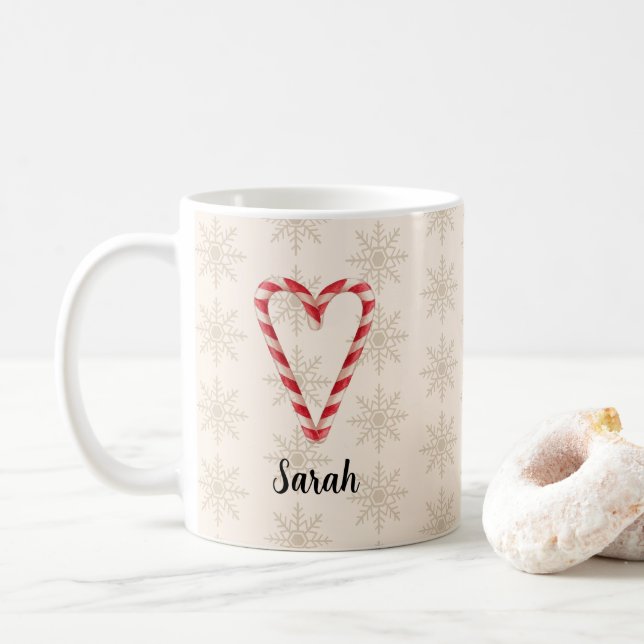 Caneca De Café Custom Name Candy Cane Heart Snowflake Pattern (Com Donut)