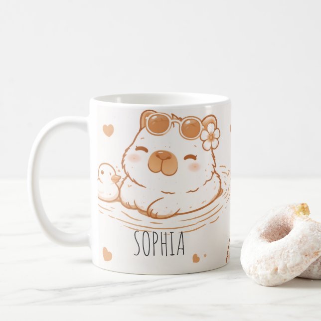 Caneca De Café Custom Name Cute Capybara With Sunglasses Kids (Com Donut)