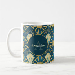 Caneca De Café Custom Name & Monogram Art Deco Teal & Gold