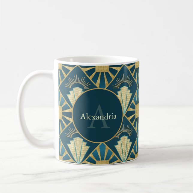 Caneca De Café Custom Name & Monogram Art Deco Teal & Gold (Esquerda)