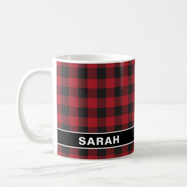 Caneca De Café Custom Name Red & Black Buffalo Plaid Tartan (Esquerda)