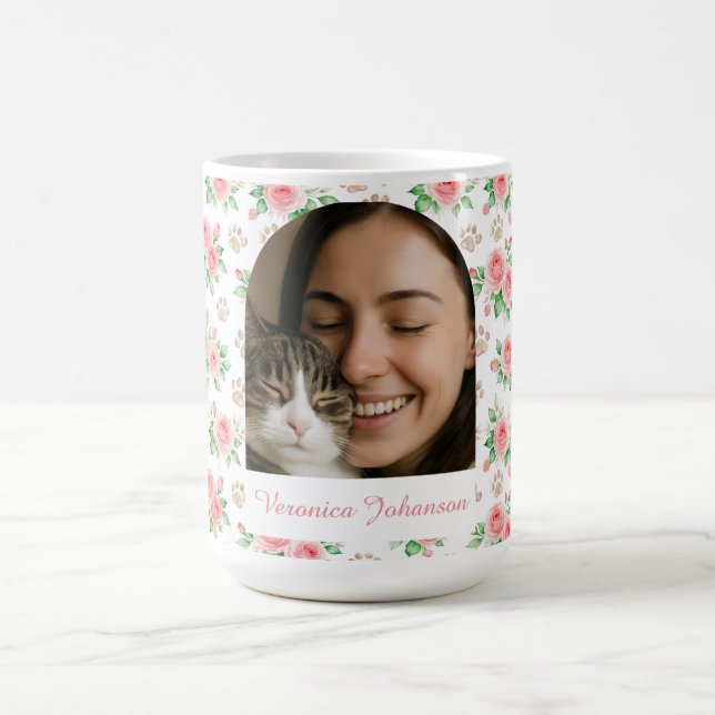 Caneca De Café Custom Pet Lover Photo Mug | Floral Paw Prints (Centro)