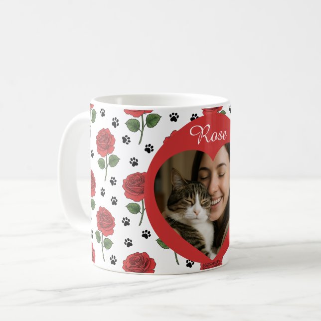 Caneca De Café Custom Photo Red Roses and Paw Print Pattern (Frente Esquerda)