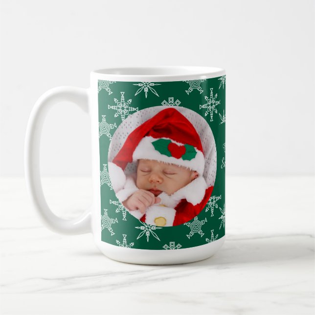 Caneca De Café Custom Photo Santa Baby Snowflakes & Green Paper (Esquerda)