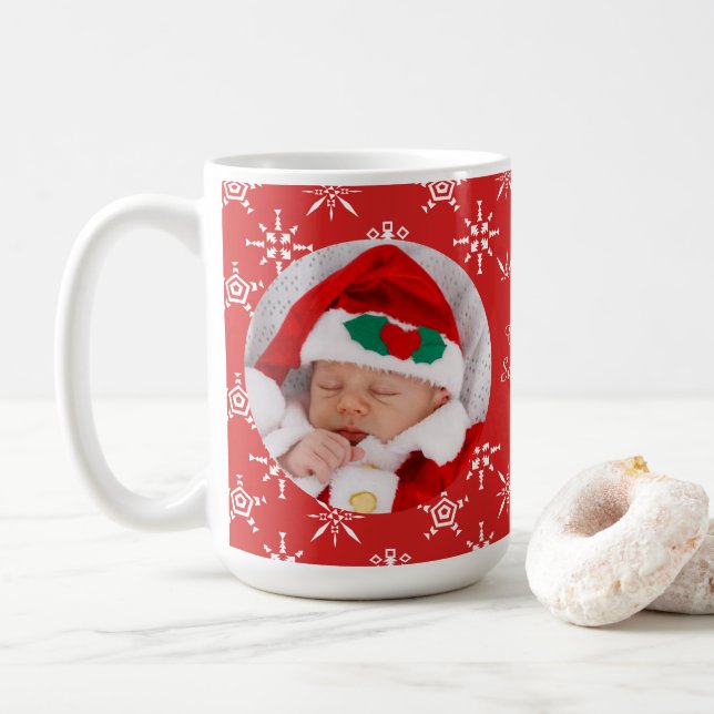 Caneca De Café Custom Photo Santa Baby Snowflakes & Red BKGRD (Com Donut)